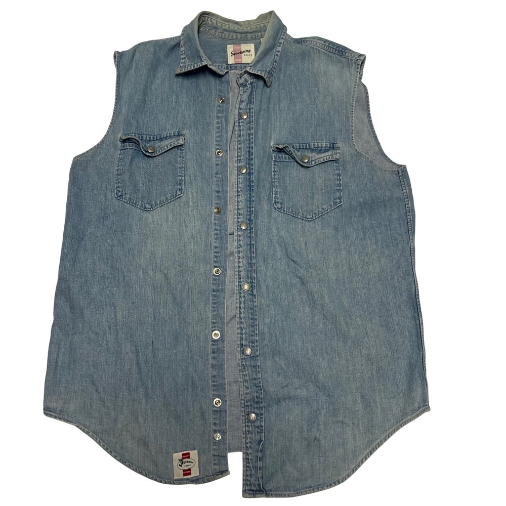 Vintage Steelwing Brand Denim Shirt Light Blue Cotton Snap Front Large